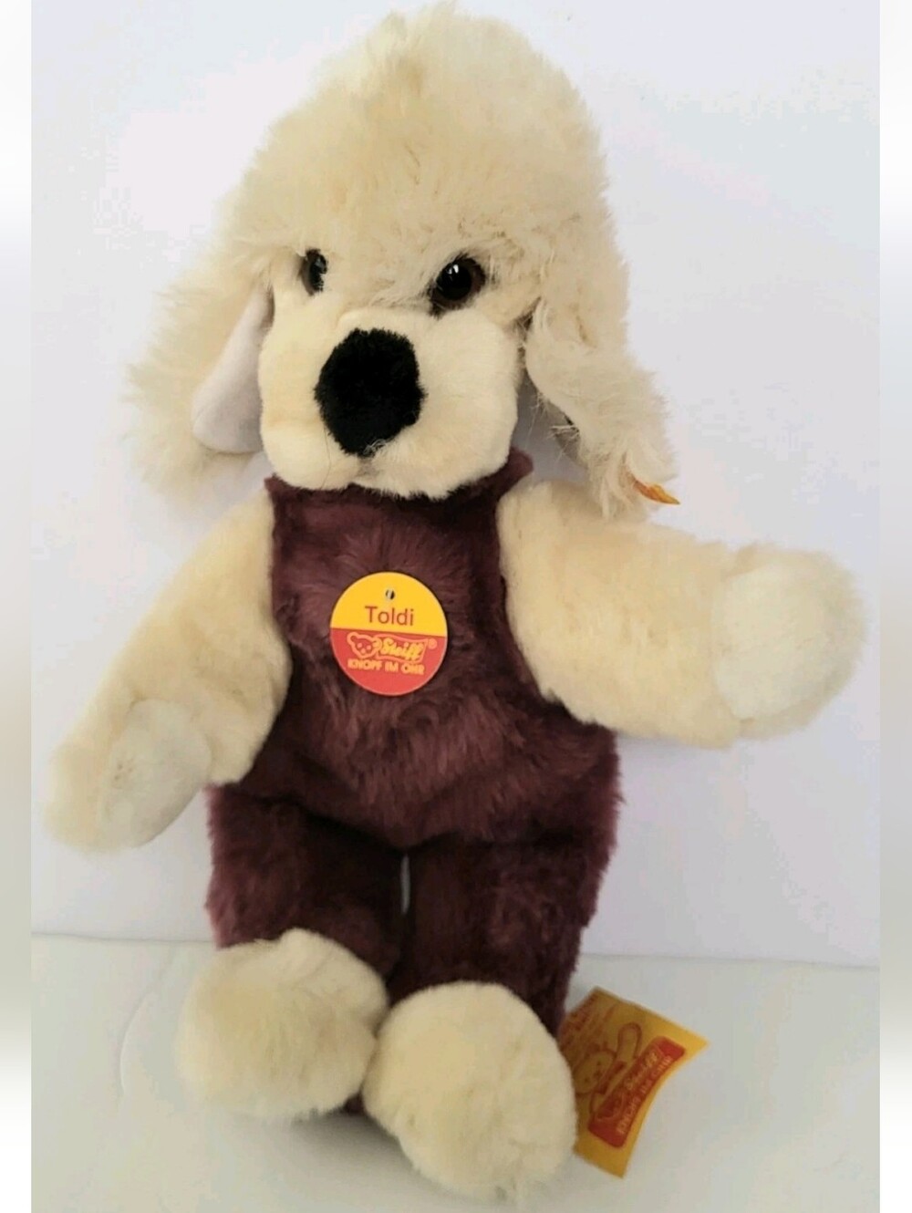 VINTAGE STEIFF TOLDI POODLE DOG, SQUEAKER, TAGS, BUTTON IN EAR, WEST GERMANY